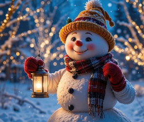 Lampion, Uśmiech, Zima, Szalik, Drzewa, AI, Śnieg, Girlandy, Rękawiczki, Bałwanek, Czapka