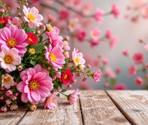 Kwiaty, Grafika AI, Deski, Bukiet, Różowe