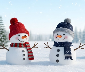 Śnieg, Drzewa, Dwa, Zima, Bałwany, Ośnieżone