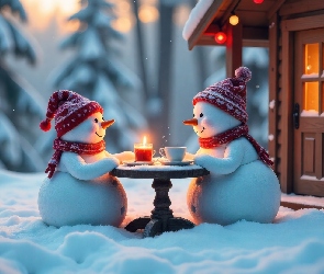 AI, Świeca, Stolik, Dom, Dwa, Śnieg, Bałwanki, Czapki, Zima, Szaliki