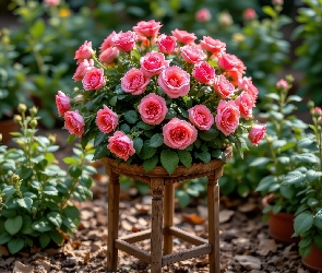 Róże, Ogród, Kwietnik, Liście, Różowe