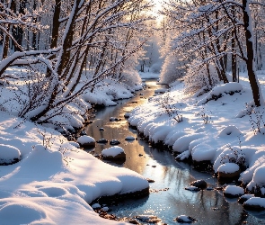 Gałęzie, Drzewa, Las, Zima, Rzeka, Ośnieżone