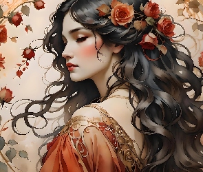 Róże, Kwiaty, Kobieta, Grafika, Brunetka, Makijaż