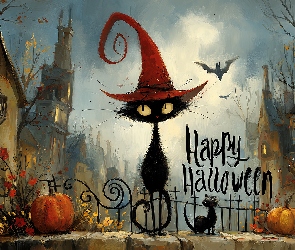 Dynie, Grafika AI, Halloween, Domy, Kot