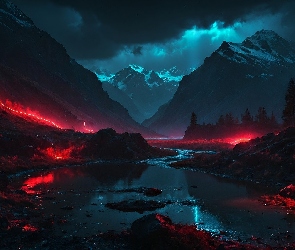 Światła, Czerwone, Góry, Noc, Rzeka, Drzewa