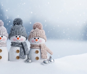 Grafika AI, Szaliki, Uśmiechnięte, Trzy, Bałwanki, Czapki