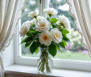 Firanki, Okno, Bukiet, Kwiaty, Białe, Słoik