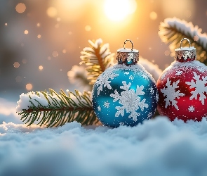 Grafika, Świerkowe, Bombki, Boże Narodzenie, Śnieg, Gałązki