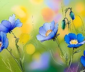 Kwiaty, Grafika, Tło, Zielone, Niebieskie