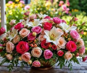 Okno, Stół, Róże, Kwiaty, Lilie, Bukiet