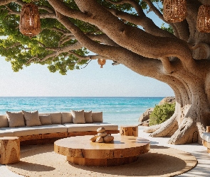 Lampiony, Drzewo, Plaża, Morze, Kanapa, Stolik