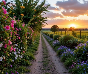 Kwiaty, Zachód słońca, Pola, Ścieżka, Krzewy