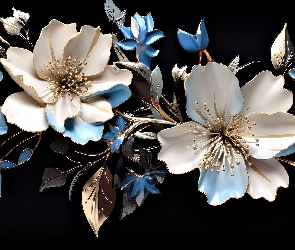 Grafika, Tło, Niebieskie, Białe, Kwiaty, Czarne