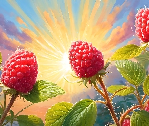 Liście, Grafika, Owoce, Słońce, Maliny