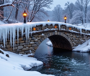 Grafika AI, Latarnie, Rzeka, Zima, Most, Sople