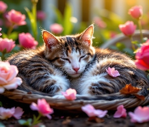 AI, Róże, Kot, Ogród, Sen, Kwiaty