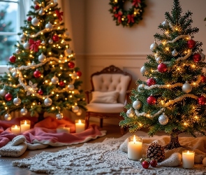 Świece, Fotel, Pokój, Boże Narodzenie, Dwie, Choinki