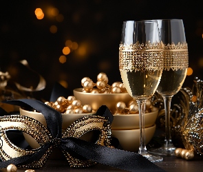 Kompozycja, Bombka, Szampan, Kieliszki, Maska, Kokarda