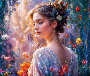Upięte, Grafika, Kwiaty, Włosy, Kobieta