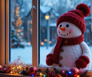 Czapka, Dekoracje, Okno, Szalik, Bałwanek