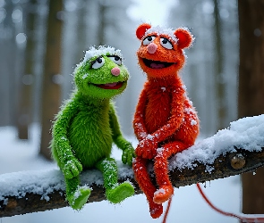 Pluszowe, Śnieg, Konar, Zabawki, Zima