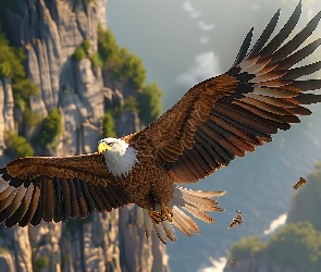 Skały, Skrzydła, Lot, Ptak, Bielik amerykański, Rozpostarte
