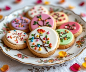 Lukrowane, Żółte, Kolorowe, Talerz, Płatki, Ciastka, Kwiatów, Czerwone