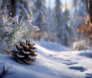 Zima, Grafika AI, Rośliny, Śnieg, Szyszka