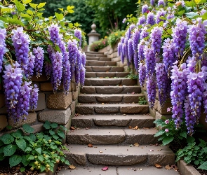 AI, Glicynia, Zwisające, Schody, Fioletowe, Kwiaty