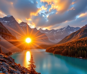 Lasy, Grafika AI, Promienie słońca, Góry, Jezioro