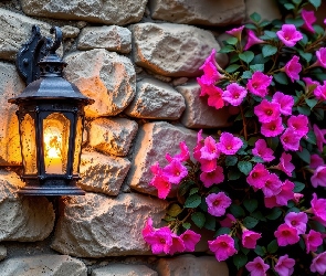 Kwiaty, Purpurowe, Ściana, Murowana, Świecąca, Lampa