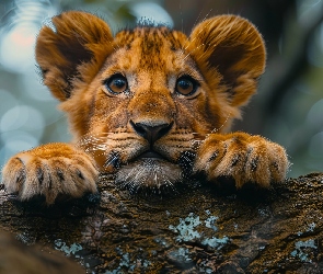 Grafika AI, Drzewo, Lew, Lwiątko