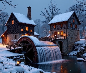 AI, Drzewa, Domy, Śnieg, Młyn, Noc, Wodny, Rzeka, Zima, Oświetlone