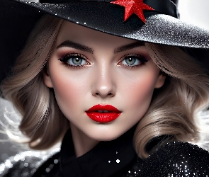 Blondynka, Grafika, Kapelusz, Makijaż, Kobieta