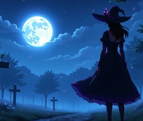 Halloween, Grafika AI, Cmentarz, Dziewczyna, Krzyże, Księżyc