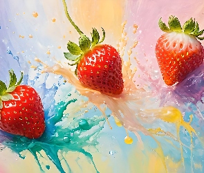 Truskawki, Grafika, Farby, Rozbryzgi, Trzy