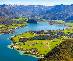 Jezioro Wolfgangsee, Austria, Alpy, Góry, Z lotu ptaka