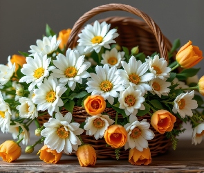 Białe, Tulipany, Kwiaty, Pomarańczowe, Koszyk, Chryzantemy, Deski, Bukiet