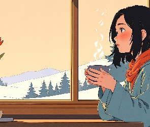 Bluza, Wazon, Dziewczyna, Kubek, Okno, Szal, 2D, Kwiaty