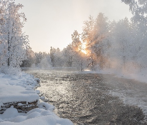 Śnieg, Drzewa, Zima, Ośnieżone, Mgła, Rzeka, Wschód słońca, Kamienie