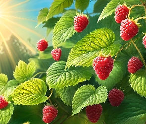 Czerwone, Grafika, Liście, Owoce, Maliny