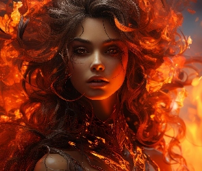 Grafika, Płomienie, Młoda, Kobieta, Rozwiane, Włosy