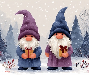 Skrzaty, Grafika AI, Zima, Prezenty, Dwa