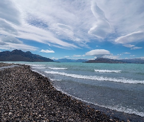Niebo, San Martin Lago, Góry, Jezioro, Patagonia, Chmury, Argentyna, Kamienie