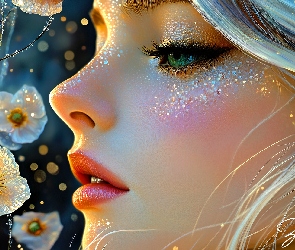 Grafika AI, Profil, Twarz, Dziewczyna, Zielone, Oczy