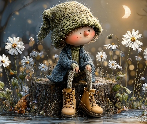 Czapka, Kwiaty, Chłopiec, Pniak, Księżyc, Buty, Grafika AI, Noc