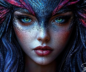 Grafika AI, Pióra, Twarz, Kobieta, Łuski, Spojrzenie