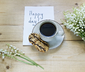 Napis, Ciastko, Konwalie, Kwiaty, Filiżanka, Kawa