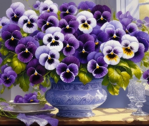 Grafika, Okno, Bratki, Biało-fioletowe, Wazon, Stół