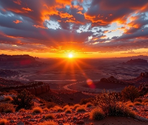 Chmury, Roślin, Kępki, Skały, Zachód słońca